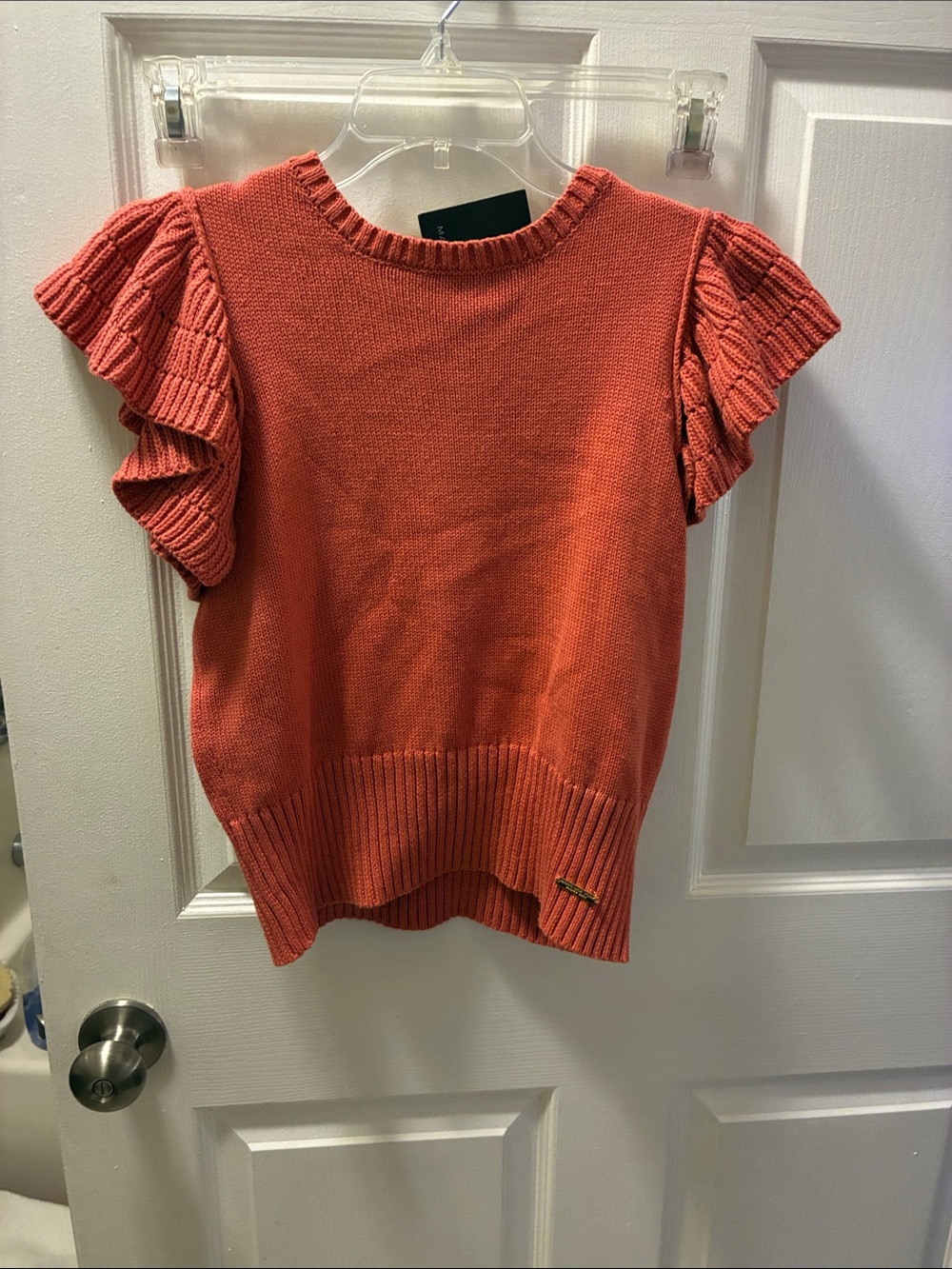 Marc New York Ruffled Short-Sleeve Knit Crewneck Top in Coral-NWT